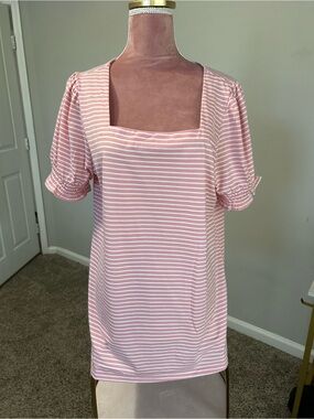 Striped Square-Neck Pink Puff Sleeve Dress